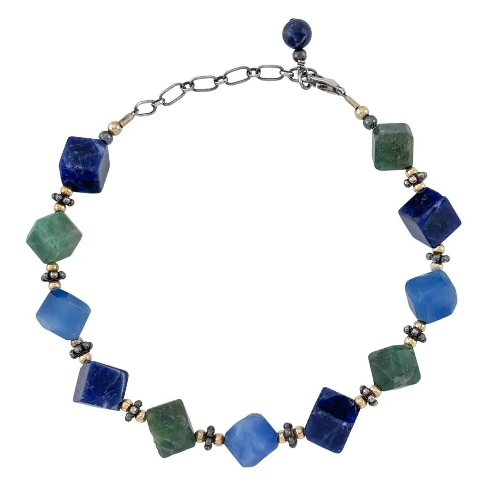 Vintage Sterling Silver 925 Lapis Aventurine Cube Bead Bracelet 7.5